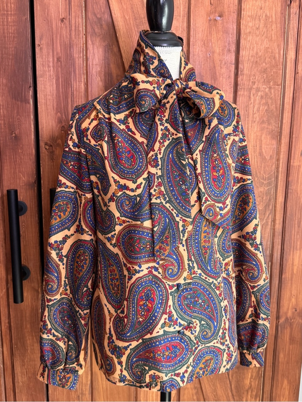 Vintage Paisley Tie-Neck Blouse by Vintage — Tan, Blue, Red - Picture 1 of 6